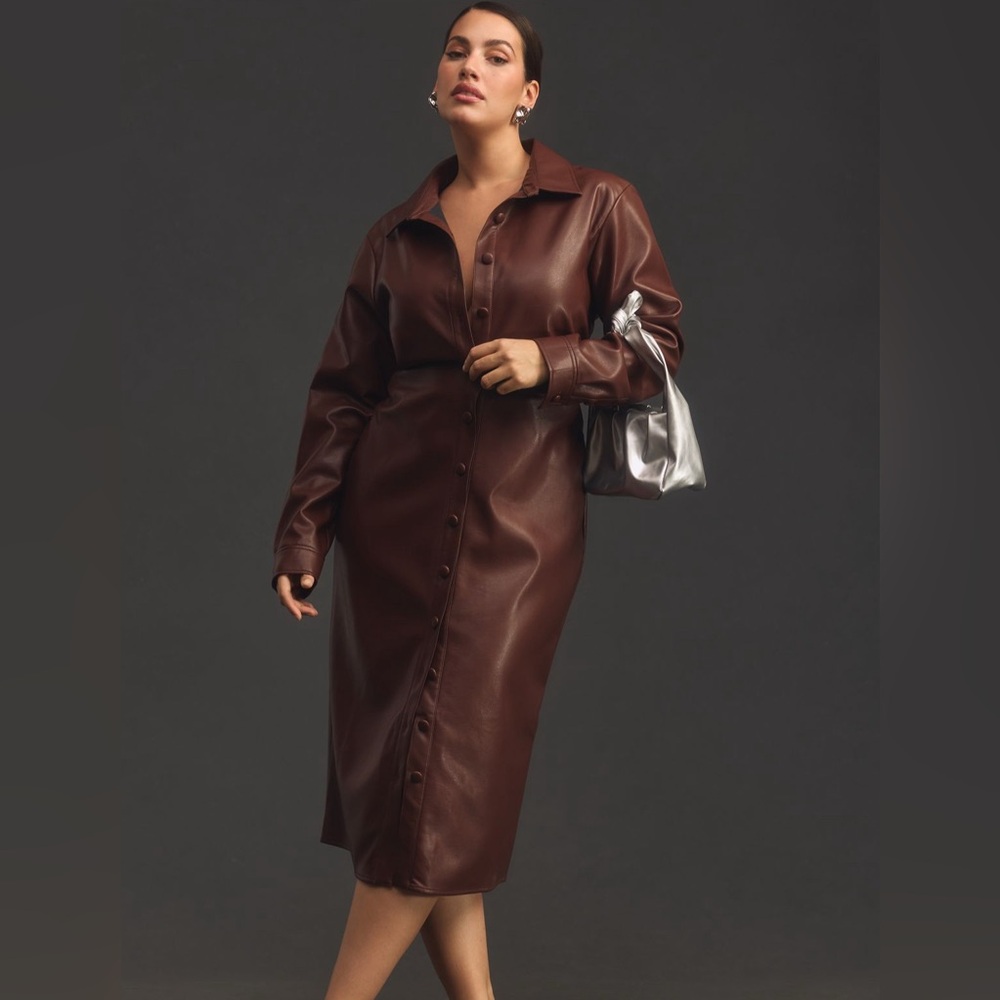 Anthropologie Faux Leather Midi Shirt Dress Size Large